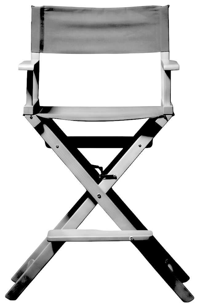 A black-and-white photograph of a wooden director's chair
